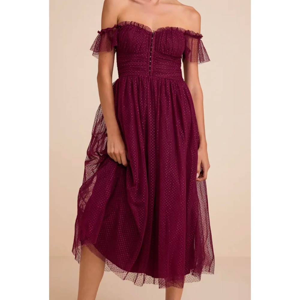 Lulus Regal Radiance Burgundy Tulle Bustier Swiss Dot Midi Dress XS 2860